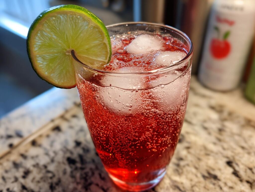 Close-up of a refreshing Driveway Drink with ice and a lime slice.
