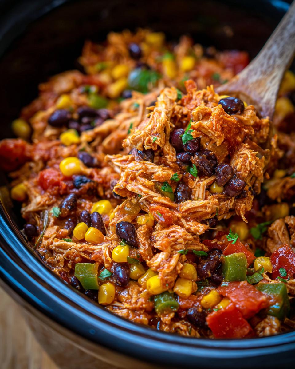 Close-up of a crockpot meal with shredded chicken, black beans, corn, and tomatoes. Perfect for Easy Crockpot Meals.