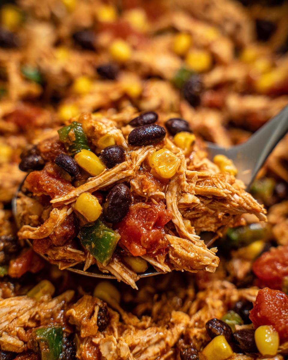 Close-up of a spoonful of chicken with corn, black beans, and tomatoes, a perfect Easy Crockpot Meal.