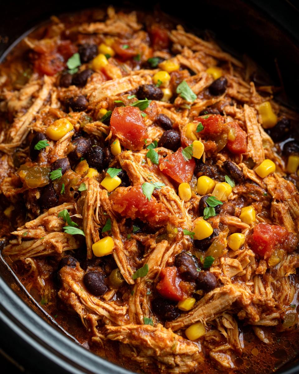 Close-up of a crockpot meal with shredded chicken, black beans, corn, and tomatoes. Perfect for Easy Crockpot Meals.