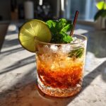 Close-up of a vibrant Easy Mai Tai cocktail with lime and mint garnish.
