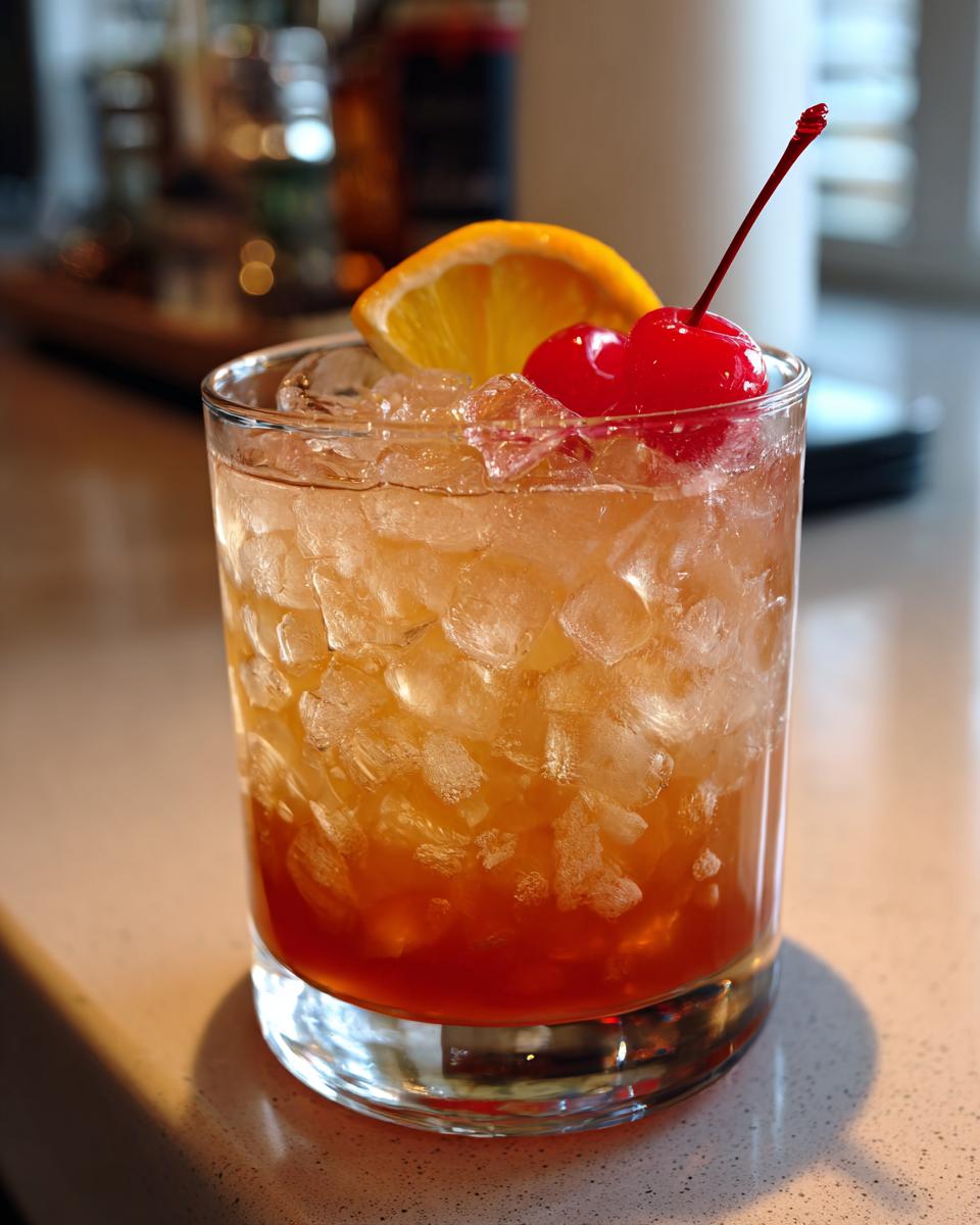 A vibrant Easy Mai Tai cocktail with ice, orange slice, and cherry garnish.