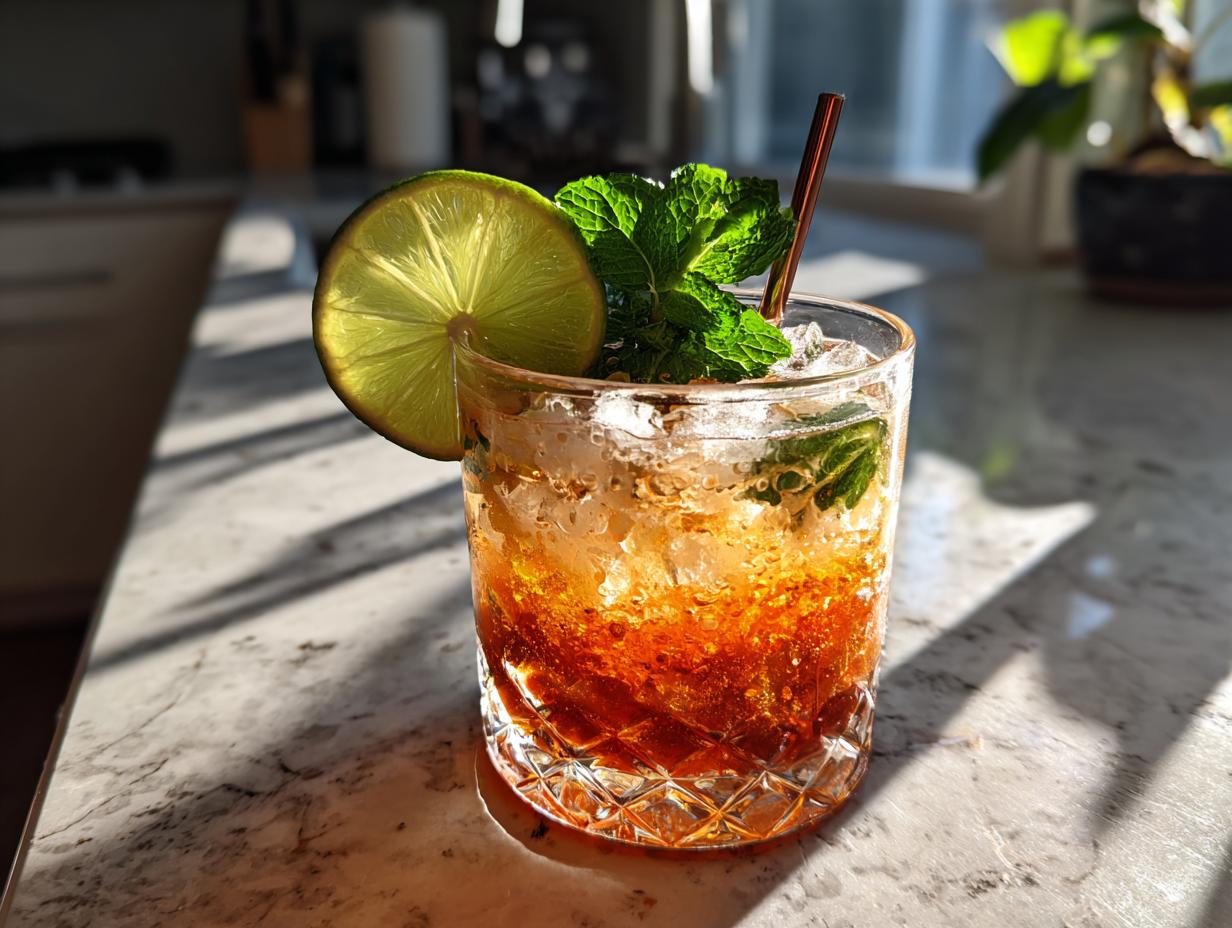 Close-up of a vibrant Easy Mai Tai cocktail with lime and mint garnish.