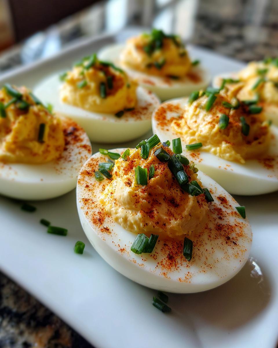 Close-up of Easy Smoked Deviled Eggs garnished with chives and paprika.