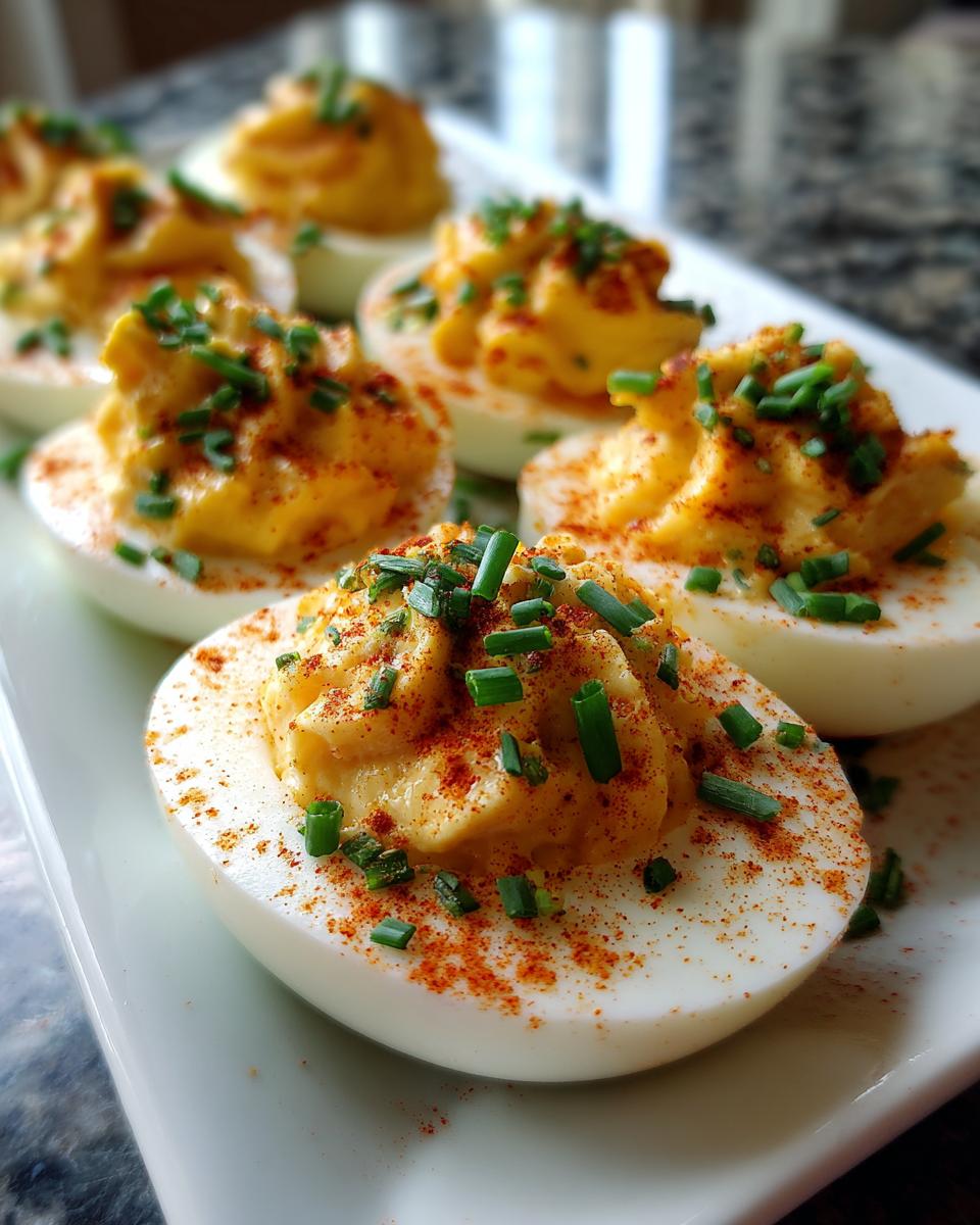 Close-up of Easy Smoked Deviled Eggs on a white plate, garnished with chives and paprika.