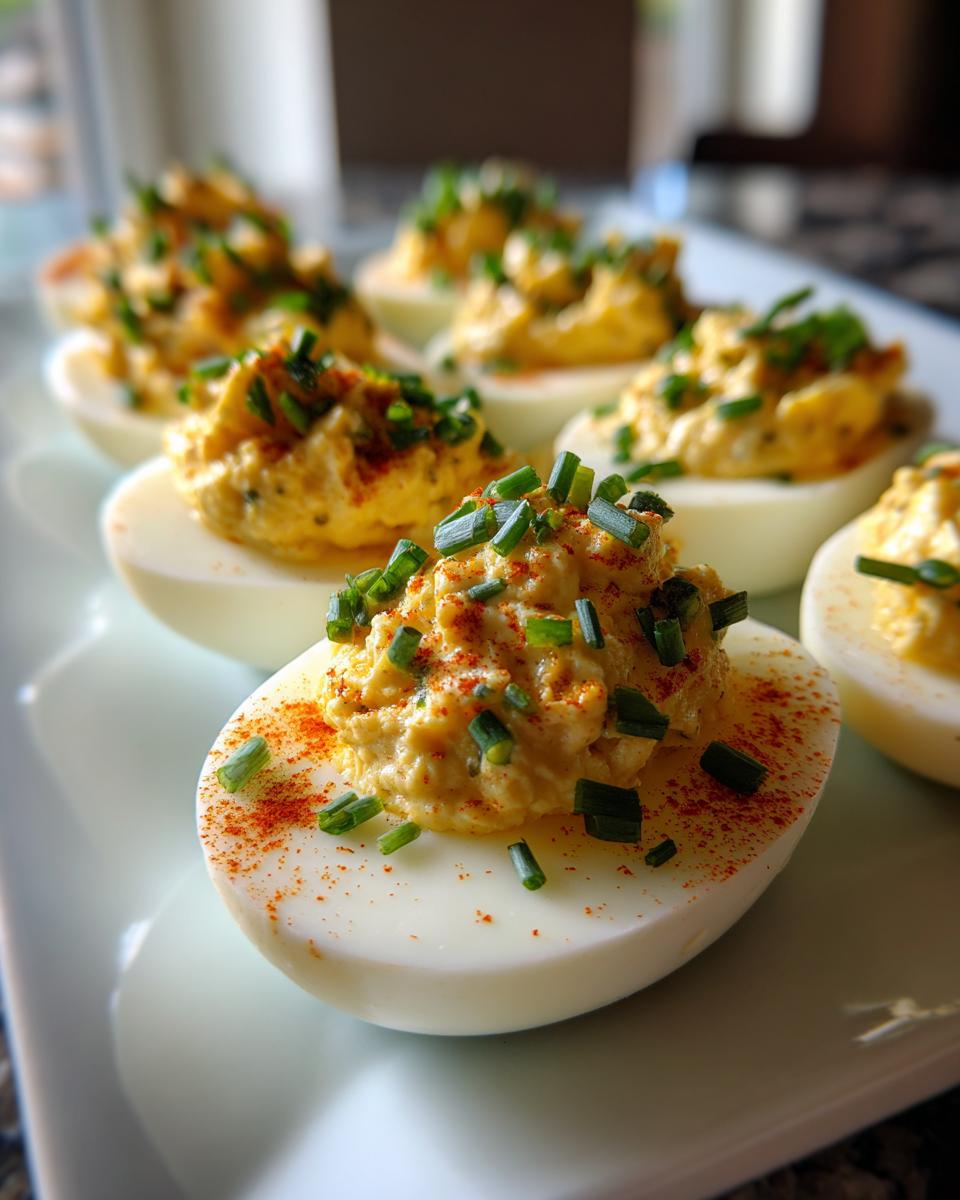Close-up of Easy Smoked Deviled Eggs, garnished with chives and paprika, on a white plate.