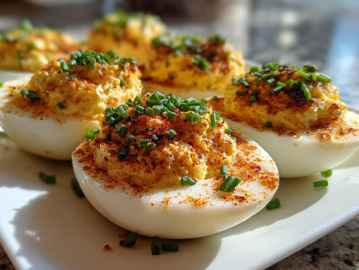 Close-up of Easy Smoked Deviled Eggs garnished with chives and paprika, perfect appetizer.
