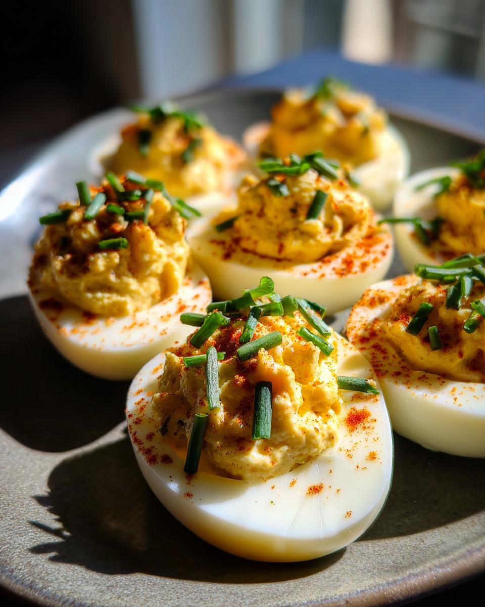 Close-up of Easy Smoked Deviled Eggs, garnished with chives and paprika, on a plate.