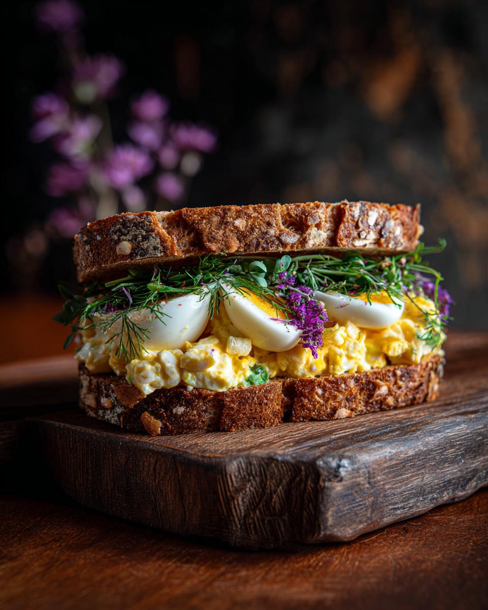 Close-up of an egg salad sandwich with fresh herbs on dark bread, served on a wooden board. The sandwich is the star of the show.