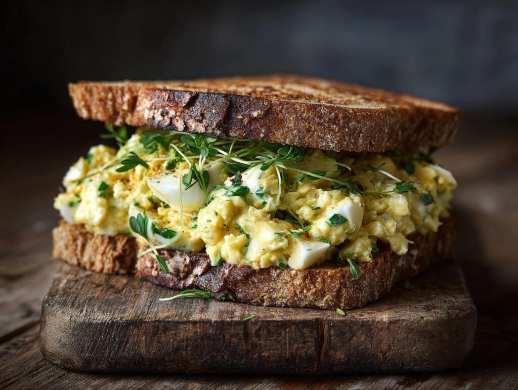 Close-up of an Egg Salad Sandwich with Fresh Herbs on toasted bread, served on a wooden board.