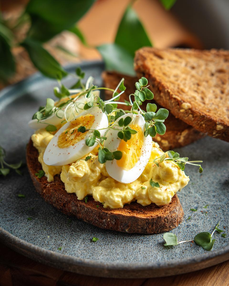Close-up of an open-faced Egg Salad Sandwich with Fresh Herbs on toasted bread, garnished with microgreens.