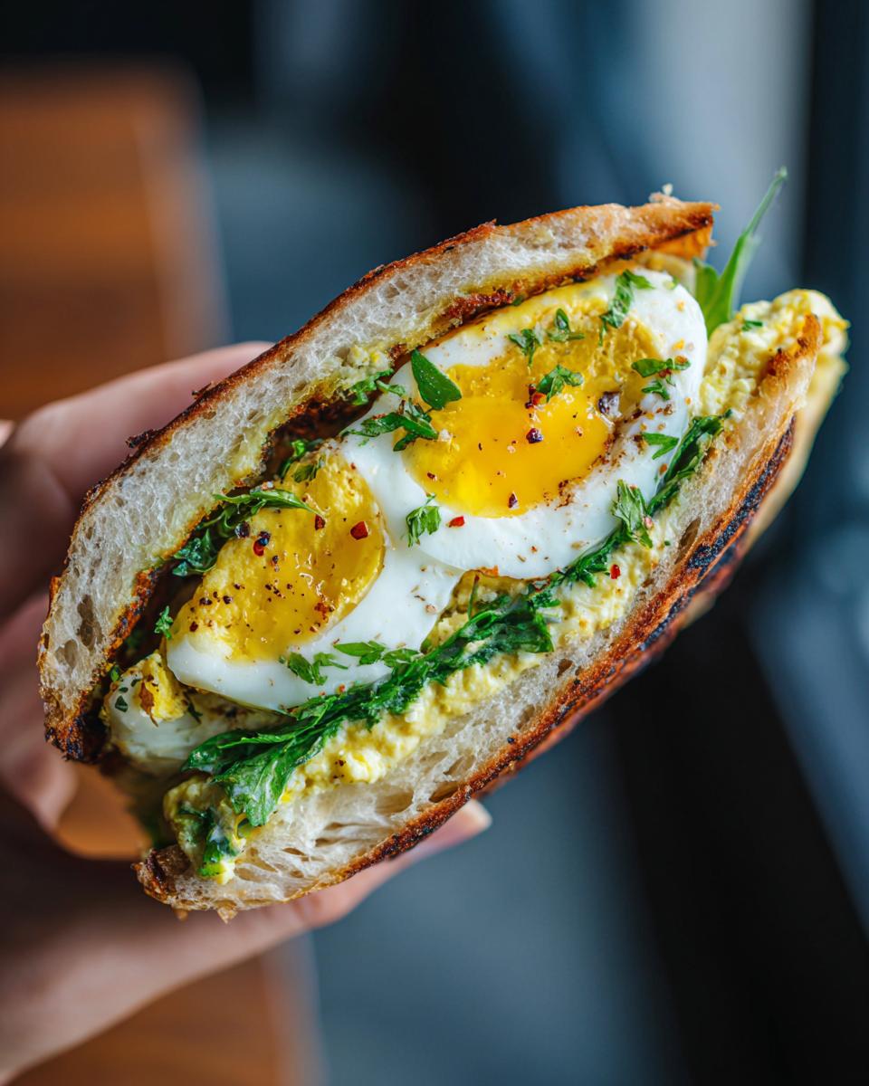 Close-up of an Egg Salad Sandwich with Fresh Herbs, showing the egg, herbs, and bread.