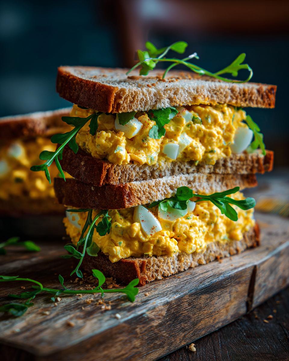 Close-up of a stacked egg salad sandwich with fresh herbs, showcasing the delicious egg salad filling.