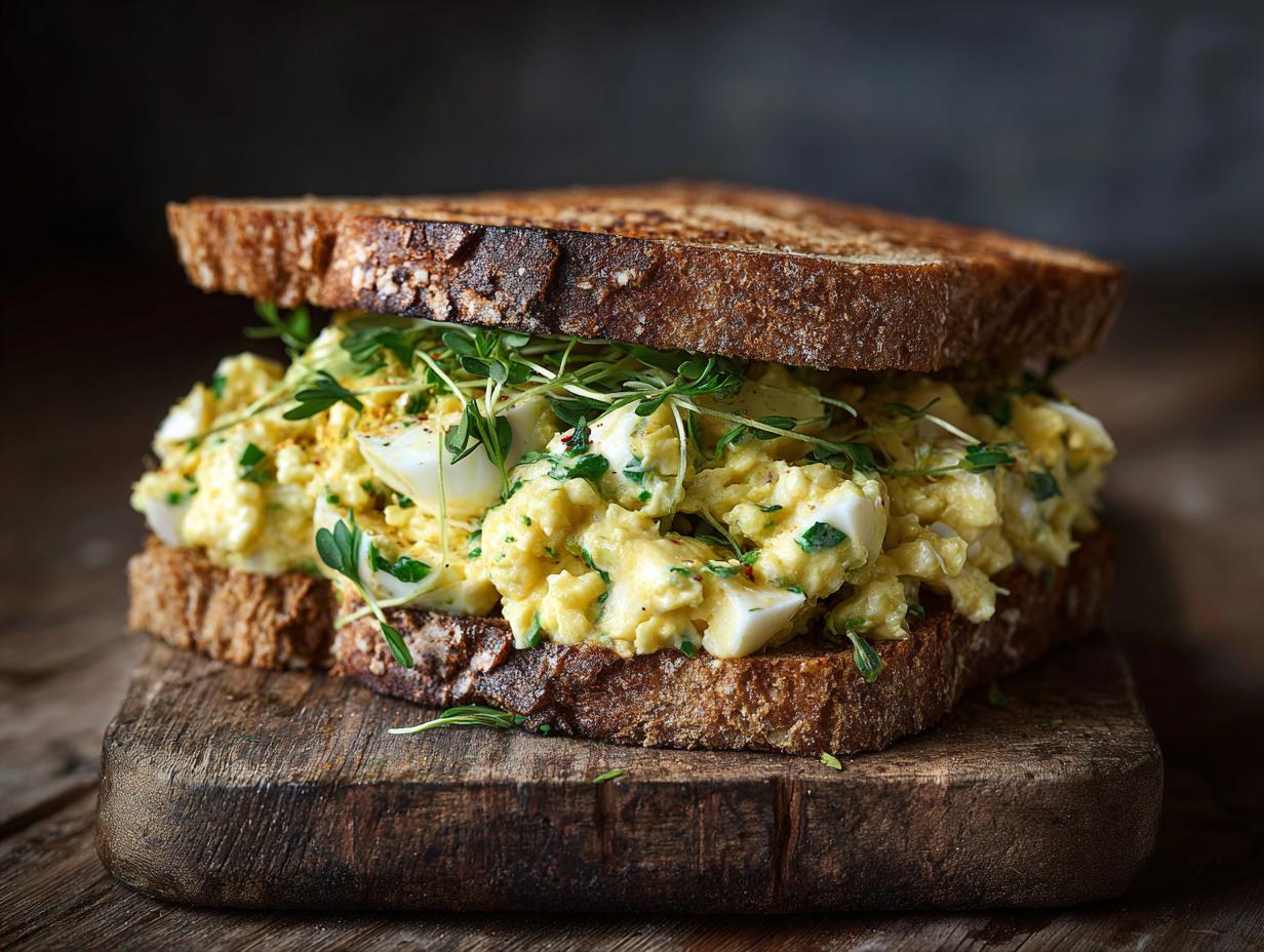 Close-up of an Egg Salad Sandwich with Fresh Herbs on toasted bread, served on a wooden board.