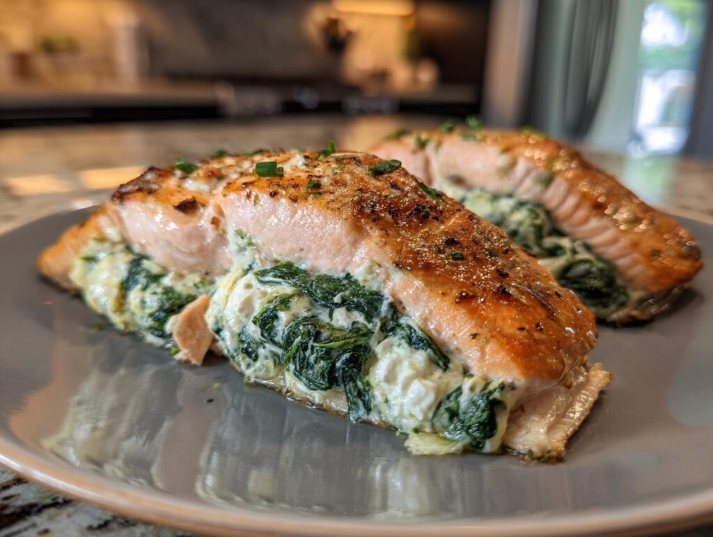 Close-up of Feta & Spinach Stuffed Salmon on a plate, showing the filling and cooked salmon.