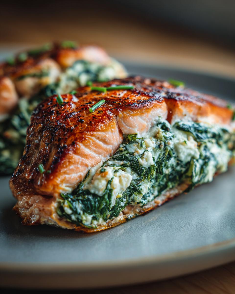 Close-up of Feta & Spinach Stuffed Salmon on a plate, showing the filling and cooked salmon.