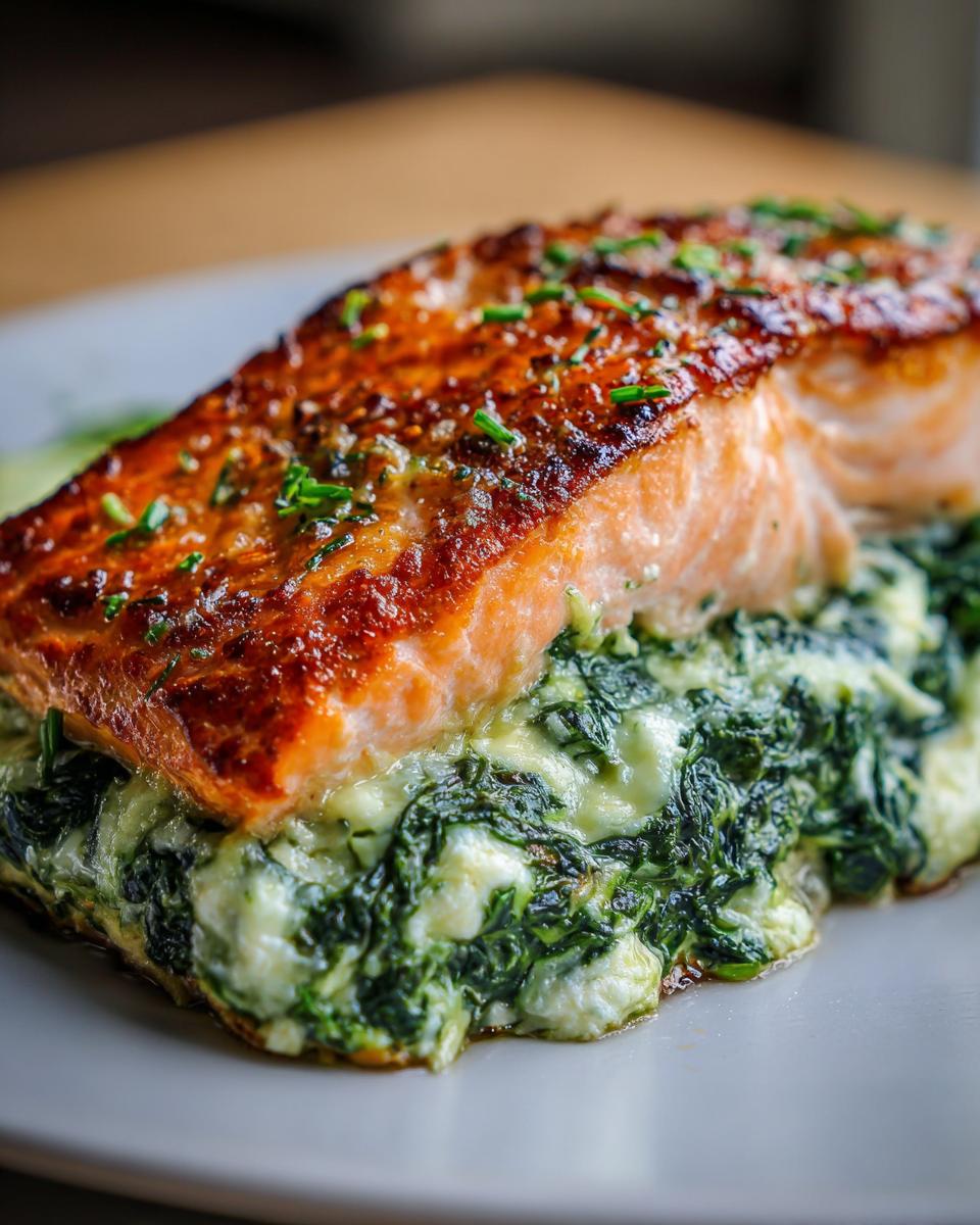 Close-up of Feta & Spinach Stuffed Salmon, a delicious and healthy meal.