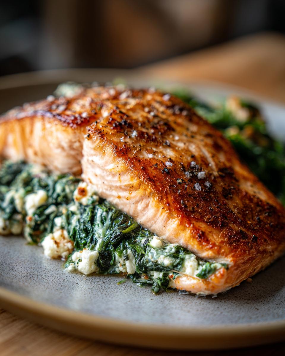 Close-up of Feta & Spinach Stuffed Salmon on a plate, showing the salmon fillet and spinach filling.