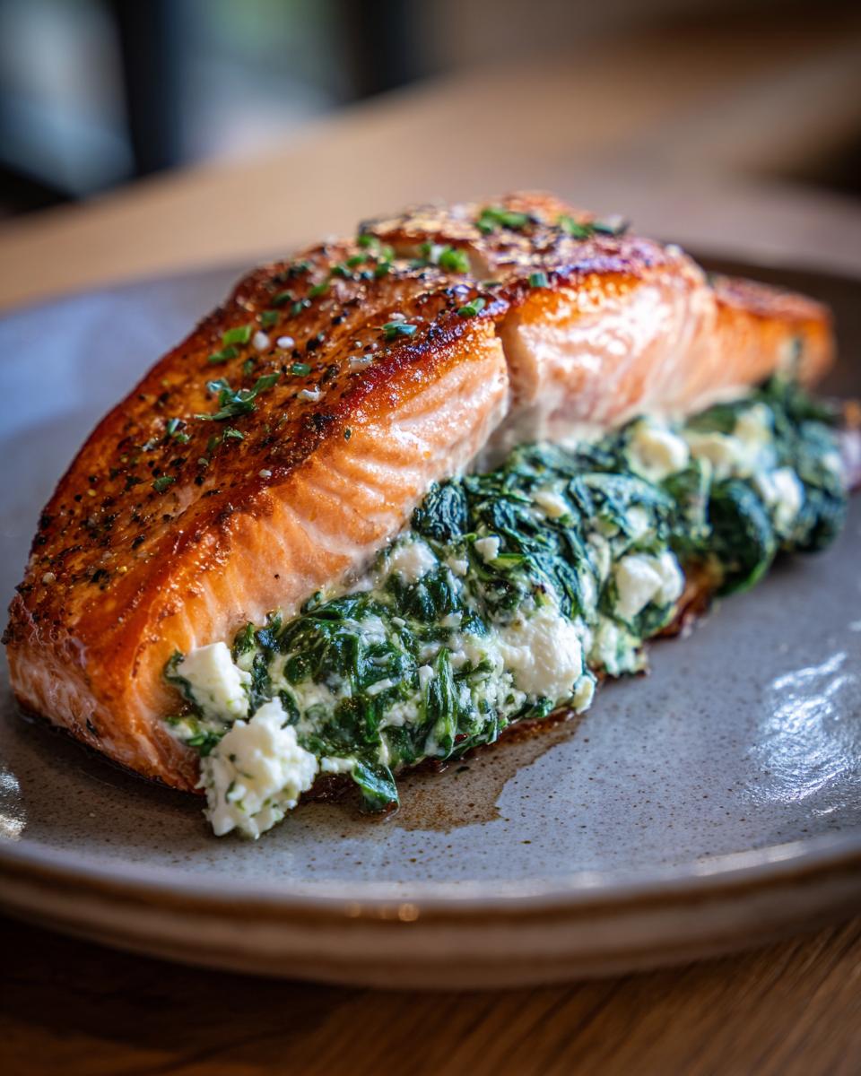 Close-up of Feta & Spinach Stuffed Salmon on a plate, showing the salmon and filling.