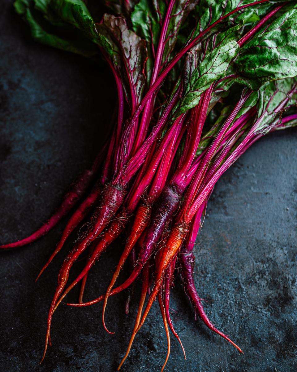 Close-up of fresh beets with vibrant red stems and green leaves, perfect for 29 Epic Salad Recipes.
