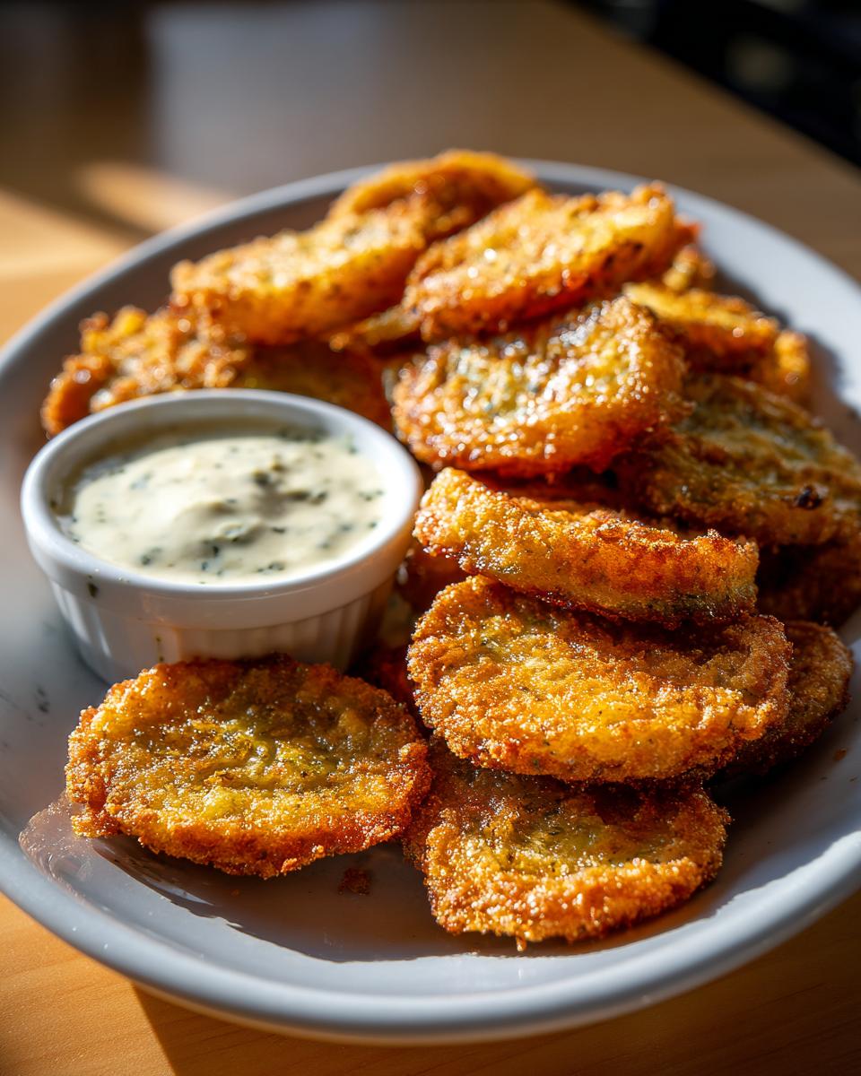 Close-up of golden-brown Fried Green Tomatoes with Remoulade sauce on a plate.