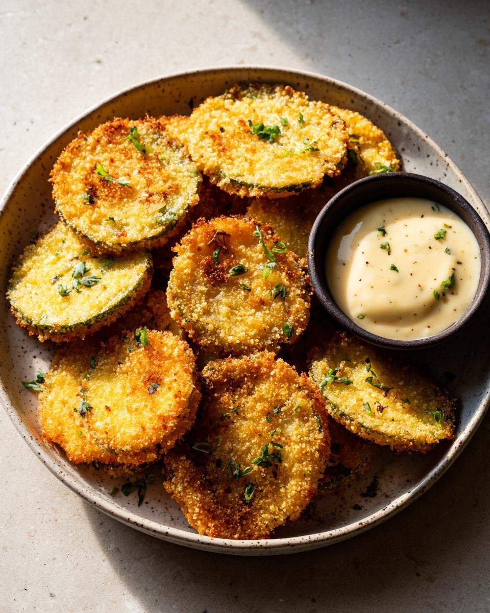 Overhead shot of golden-brown Fried Green Tomatoes with Remoulade sauce on a plate.