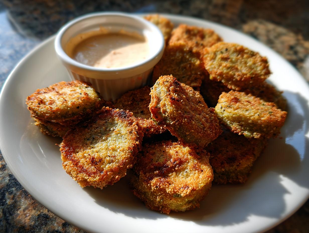 A plate of golden-brown Fried Green Tomatoes with Remoulade sauce in a small dish, ready to be enjoyed.