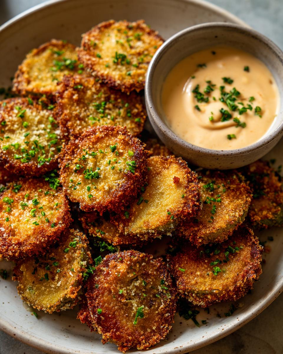 Close-up of golden-brown Fried Green Tomatoes with Remoulade sauce in a small bowl.