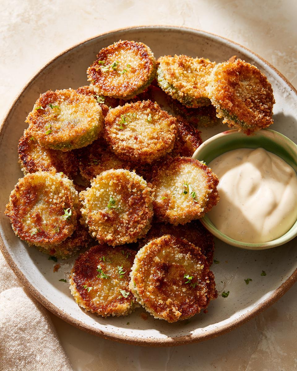 Overhead shot of golden-brown Fried Green Tomatoes with Remoulade on a plate.