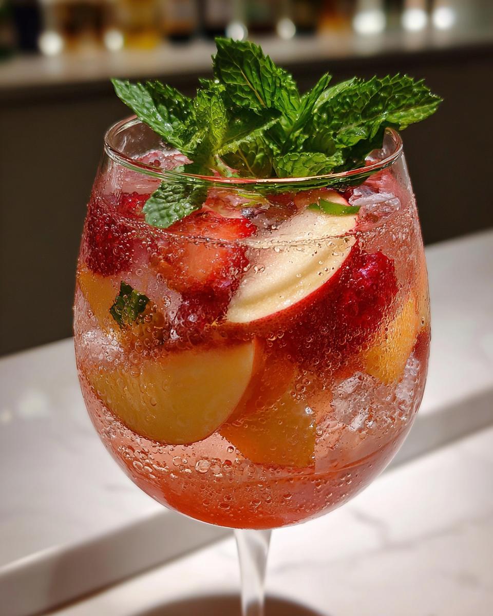 Close-up of a refreshing fruity cocktail with peaches, strawberries, and mint.