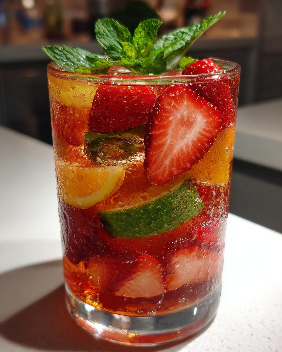A refreshing fruity cocktail with strawberries, oranges, lime, and mint. Perfect for a summer day.