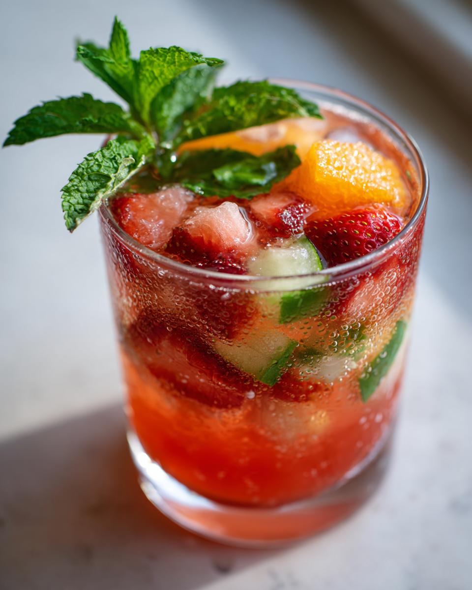 Close-up of a refreshing fruity cocktail with strawberries, cucumber, orange, and mint. The drink is a 20 Refreshing Fruity Cocktails.