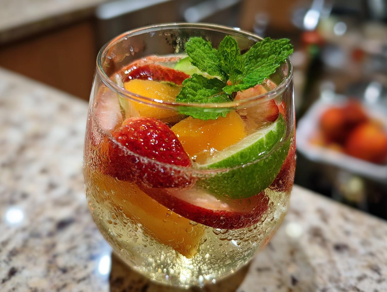 Close-up of a refreshing fruity cocktail with strawberries, peaches, lime, and mint; perfect for summer.