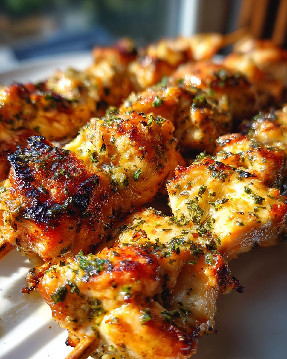 Close-up of delicious Garlic Parmesan Chicken Skewers, grilled to perfection and garnished with herbs.