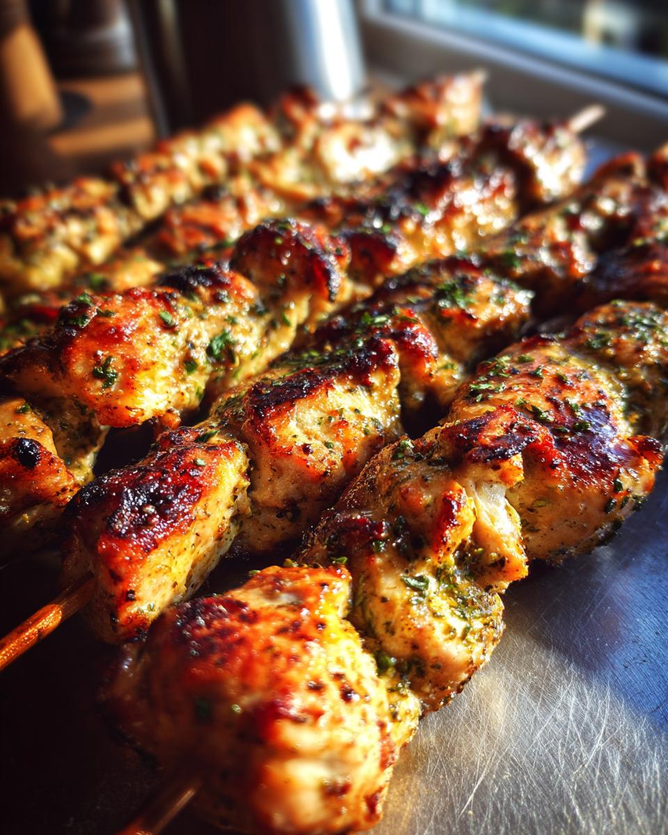 Close-up of grilled Garlic Parmesan Chicken Skewers, showing the juicy chicken and herbs.