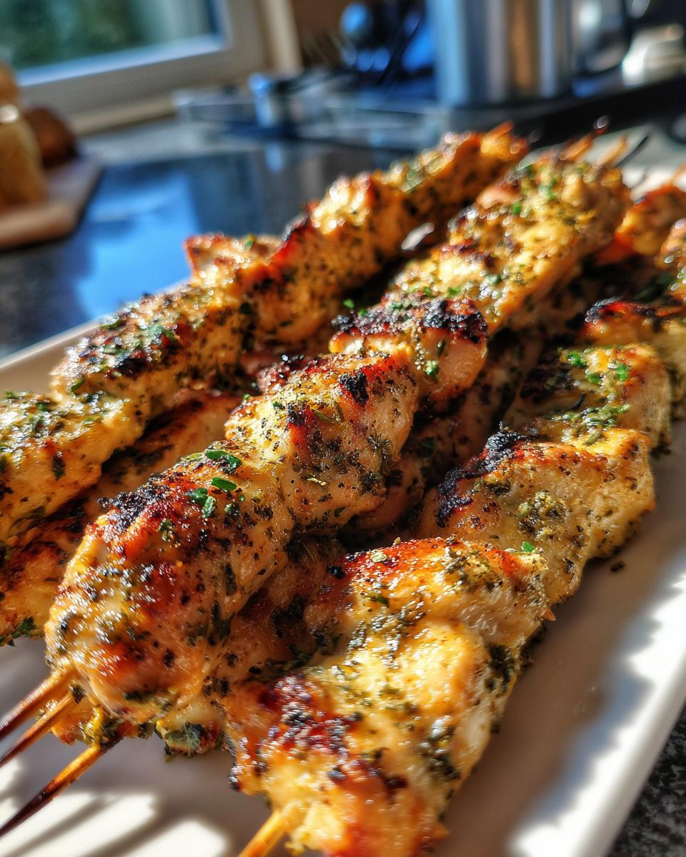 Close-up of delicious grilled Garlic Parmesan Chicken Skewers on a white plate.