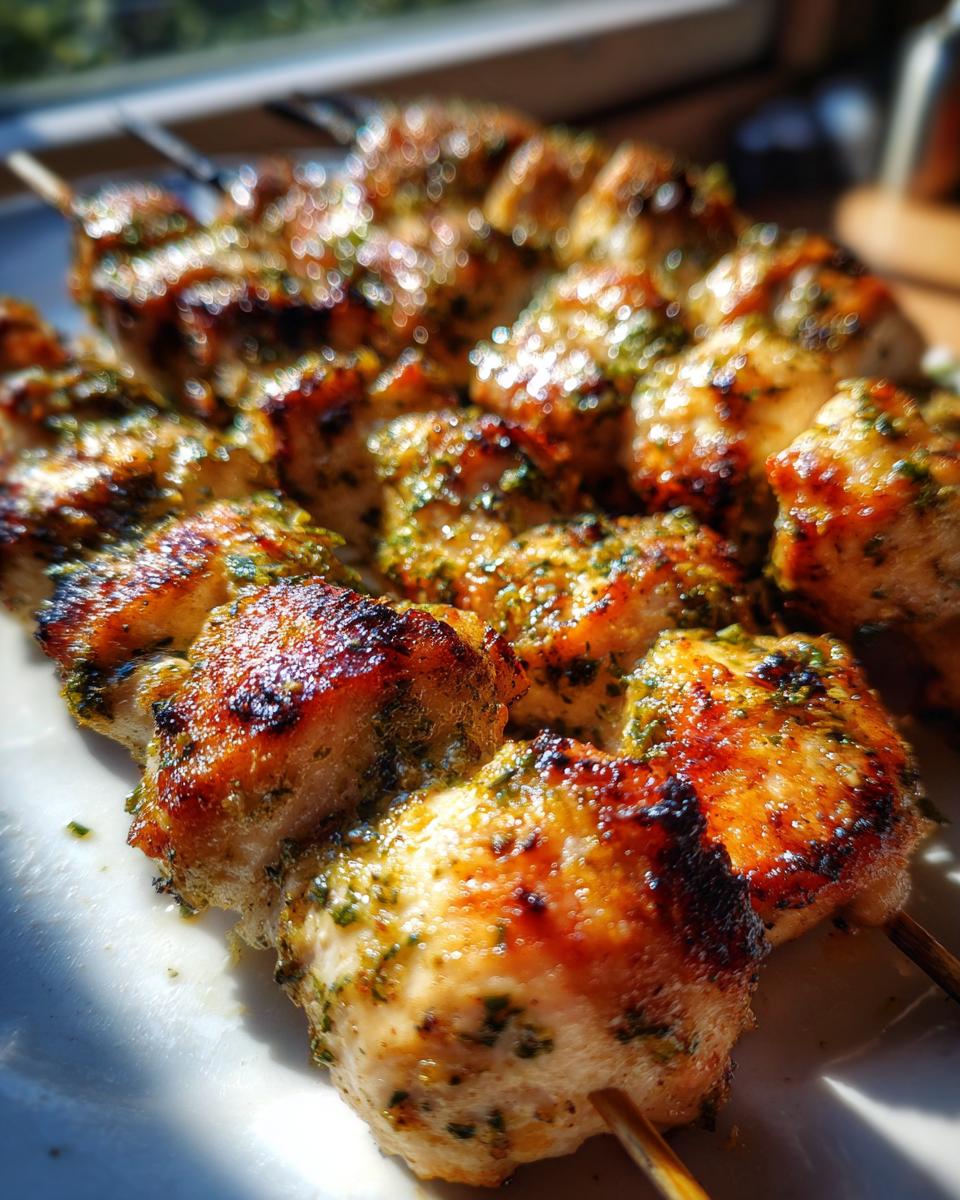 Close-up of grilled Garlic Parmesan Chicken Skewers, a delicious grilling recipe.