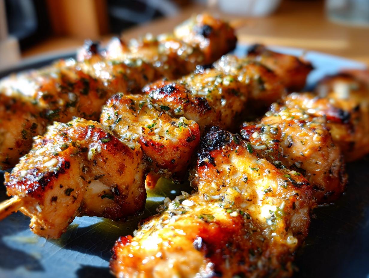 Close-up of delicious Garlic Parmesan Chicken Skewers on a plate, ready to eat.