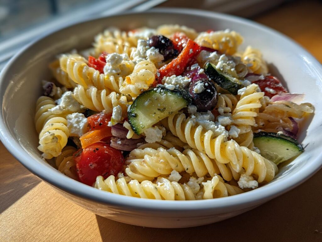 Close-up of a bowl of Greek pasta salad with pasta, feta cheese, olives, and vegetables. The pasta salad greek is ready to eat.