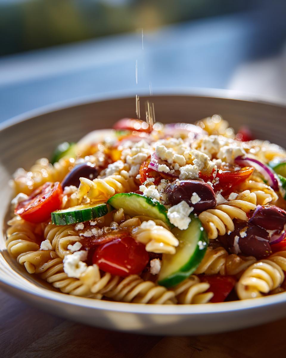 Close-up of a bowl filled with Greek pasta salad, featuring pasta, tomatoes, olives, and feta.