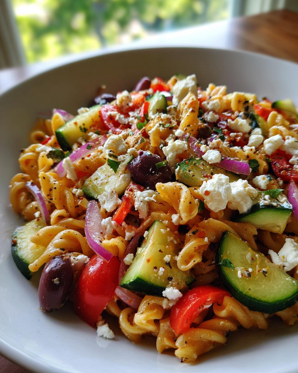 Close-up of a bowl of Greek pasta salad with pasta, vegetables, and feta cheese. This is a delicious pasta salad greek.