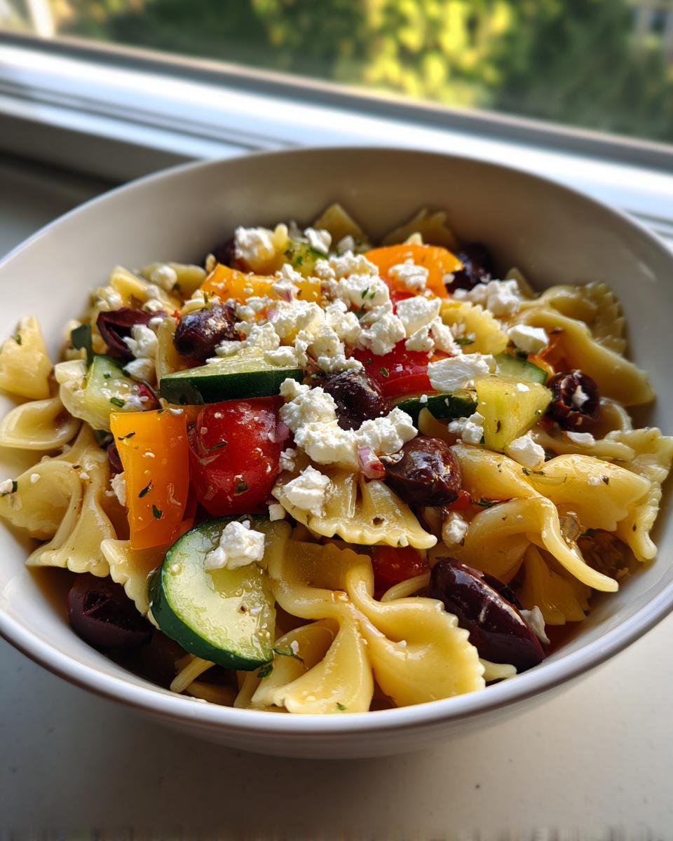 Close-up of a bowl of Greek pasta salad with pasta, olives, feta cheese, and vegetables. This is a delicious pasta salad greek.