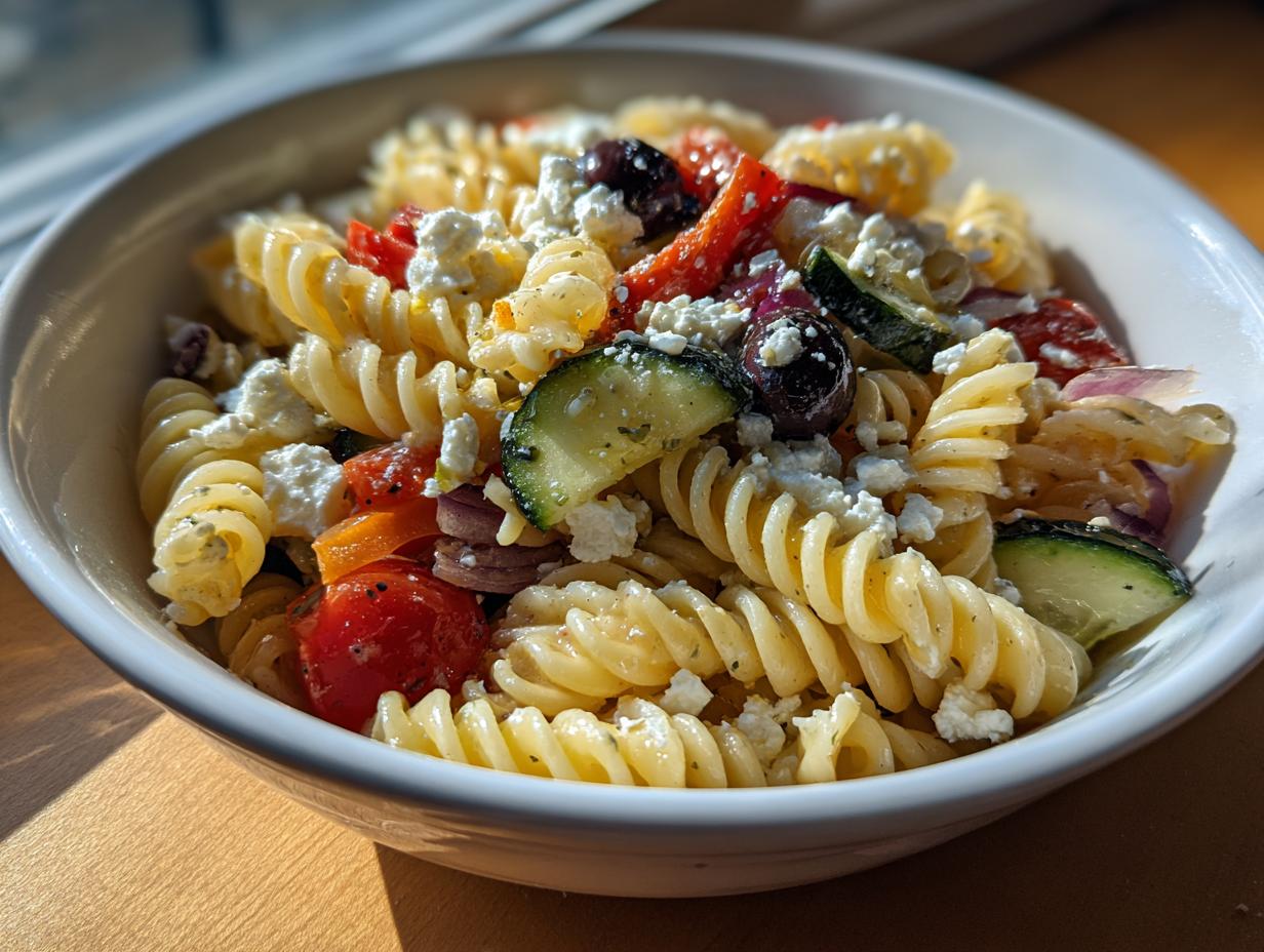 Close-up of a bowl of Greek pasta salad with pasta, feta cheese, olives, and vegetables. The pasta salad greek is ready to eat.