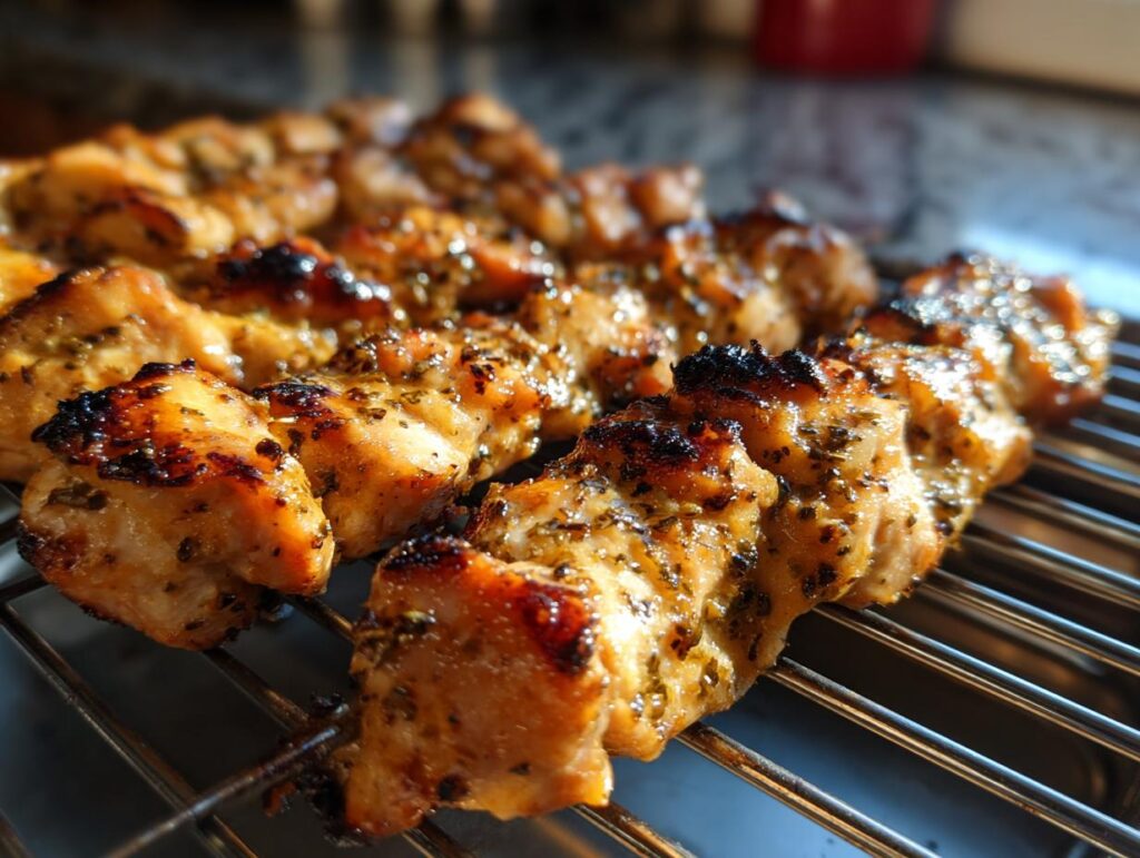 Close-up of grilled chicken skewers, perfect for Spring and Summer Recipes.