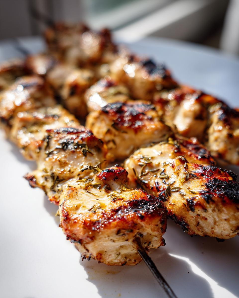Close-up of grilled chicken skewers, perfect for Spring and Summer Recipes.