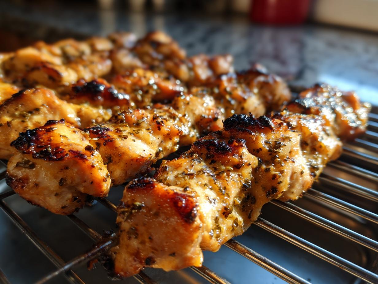 Close-up of grilled chicken skewers, perfect for Spring and Summer Recipes.
