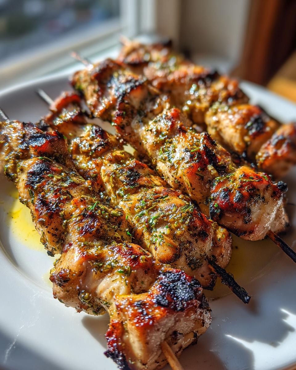 Grilled chicken skewers on a white plate, perfect for Spring and Summer Recipes.