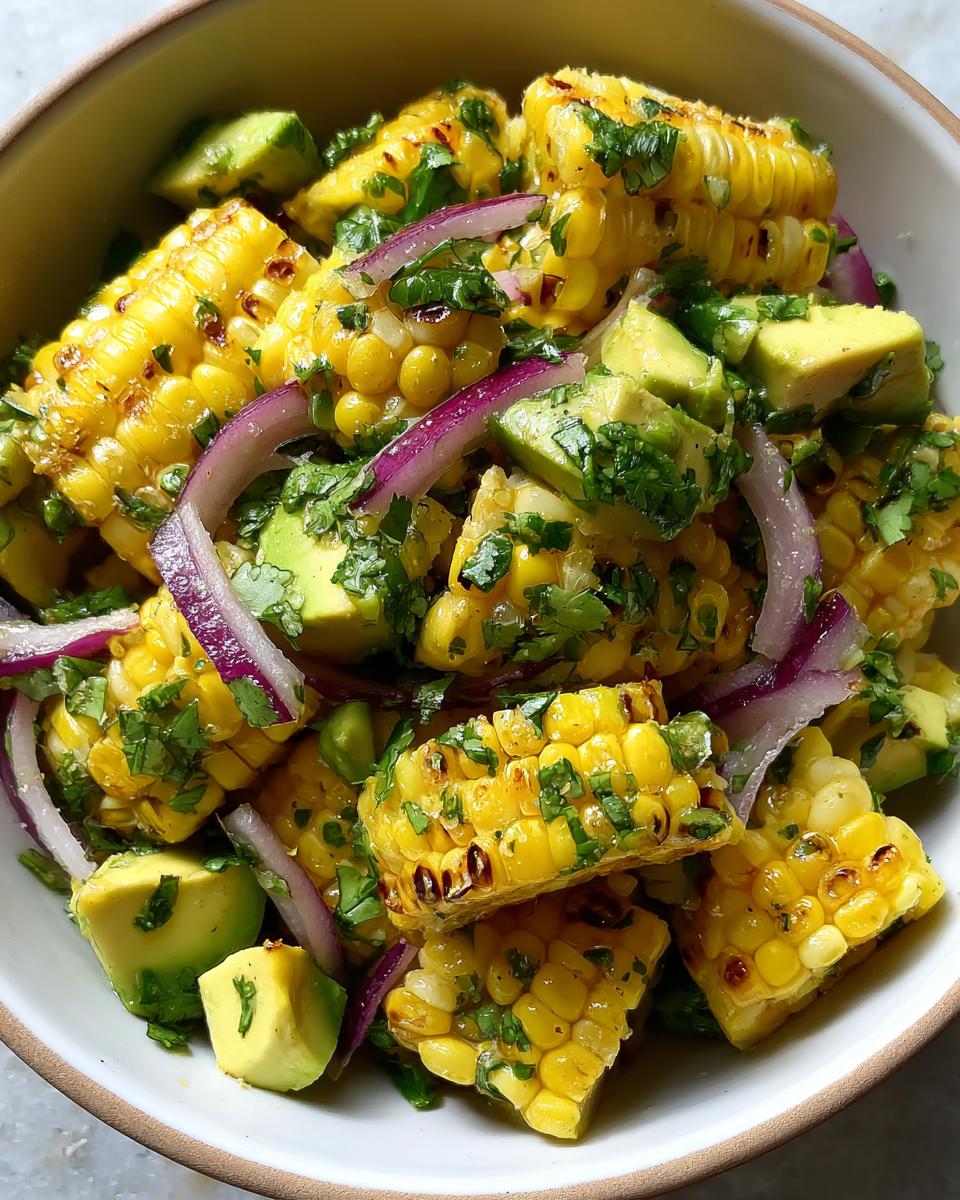 Close-up of a Grilled Corn & Avocado Salad in a white bowl with red onion and cilantro.