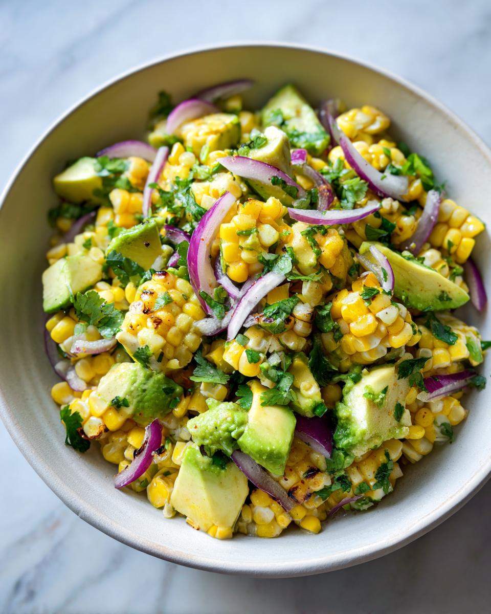 Overhead shot of a vibrant Grilled Corn & Avocado Salad with red onion and cilantro in a bowl.