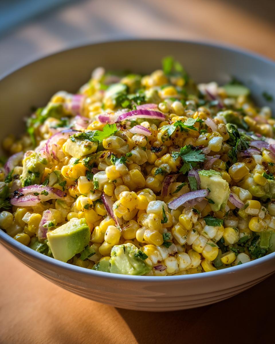 Close-up of a bowl filled with Grilled Corn & Avocado Salad, with red onion and cilantro.